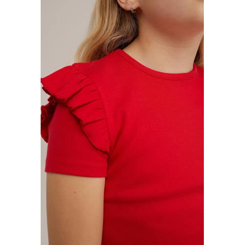 WE Fashion T-shirt rood Meisjes Stretchkatoen Ronde hals Effen 92