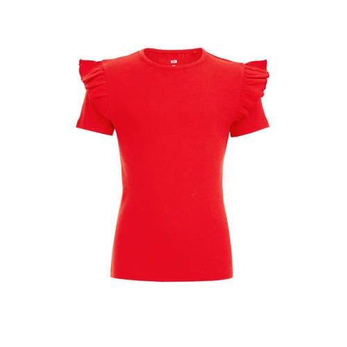 WE Fashion T-shirt rood Meisjes Stretchkatoen Ronde hals Effen