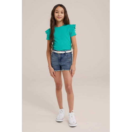 WE Fashion T-shirt groen Meisjes Stretchkatoen Ronde hals Effen 92