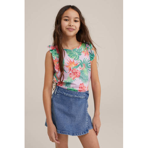 WE Fashion top met bloemdessin lila groen roze T-shirt Multi Meisjes Katoen Ronde hals 92