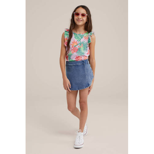 WE Fashion top met bloemdessin lila groen roze T-shirt Multi Meisjes Katoen Ronde hals 92