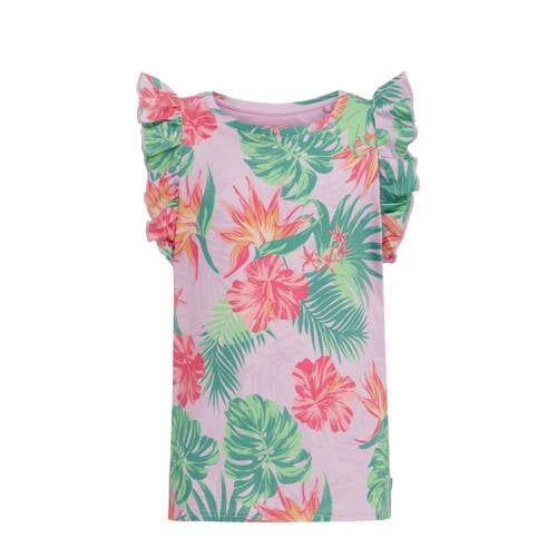 WE Fashion top met bloemdessin lila/groen/roze T-shirt Multi Meisjes Katoen Ronde hals - 110/116