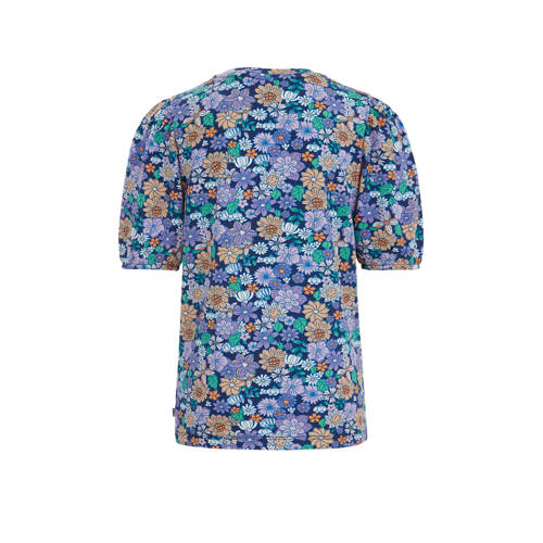 WE Fashion gebloemd T-shirt blauw Meisjes Katoen Ronde hals Bloemen 98 104