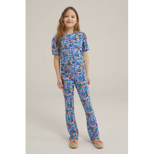 WE Fashion gebloemd T-shirt blauw Meisjes Katoen Ronde hals Bloemen 98 104