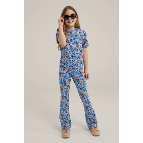 WE Fashion gebloemd T-shirt blauw Meisjes Katoen Ronde hals Bloemen 98 104