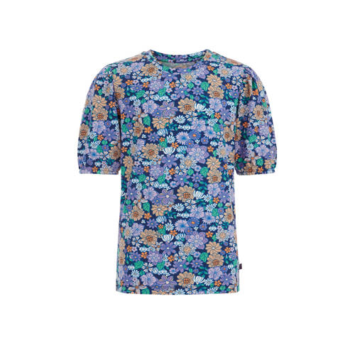 WE Fashion gebloemd T-shirt blauw Meisjes Katoen Ronde hals Bloemen - 110/116