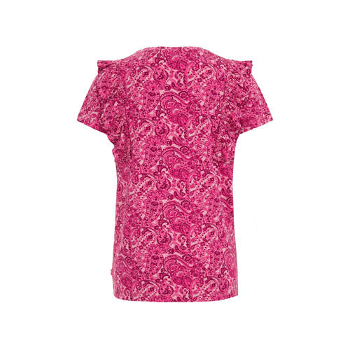 WE Fashion T-shirt met all over print en ruches roze Meisjes Viscose Ronde hals 110 116