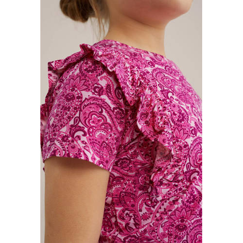WE Fashion T-shirt met all over print en ruches roze Meisjes Viscose Ronde hals 98 104