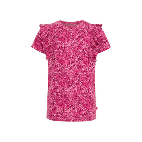 WE Fashion T-shirt met all over print en ruches roze Meisjes Viscose Ronde hals