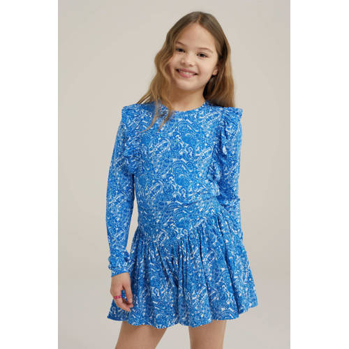 WE Fashion longsleeve met all over print blauw Meisjes Viscose Ronde hals 98 104