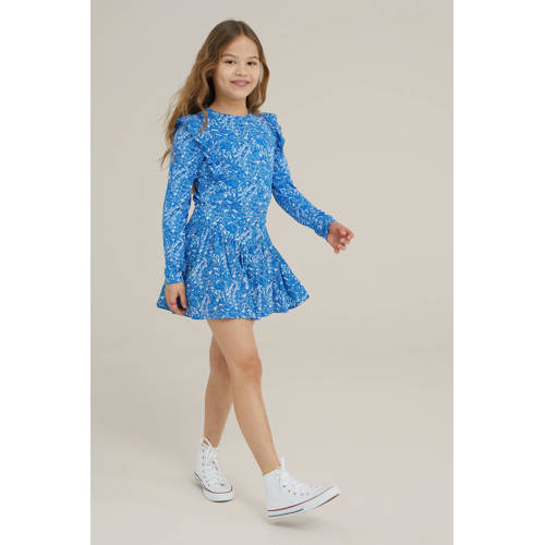 WE Fashion longsleeve met all over print blauw Meisjes Viscose Ronde hals 98 104