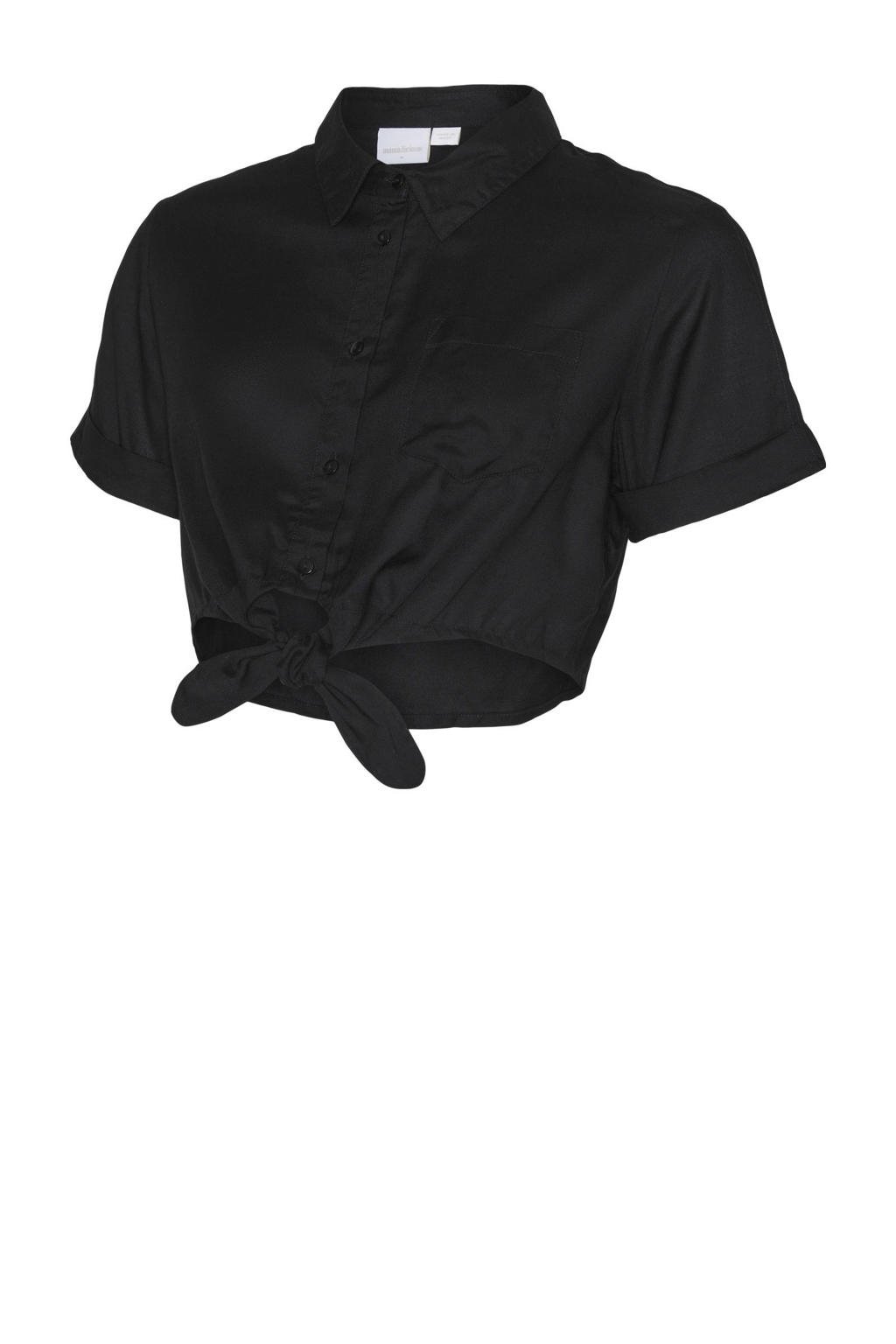 Zwarte dames MAMALICIOUS zwangerschapsblouse van viscose met effen, korte mouwen, klassieke kraag, knoopsluiting en knoopdetail
