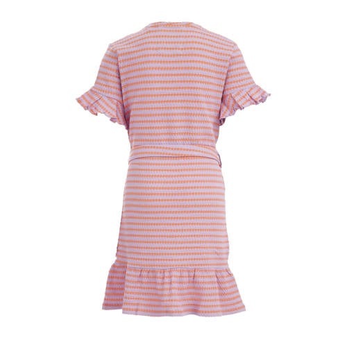 WE Fashion jurk met all over print en ruches lila oranje Paars Meisjes Katoen Ronde hals 110 116