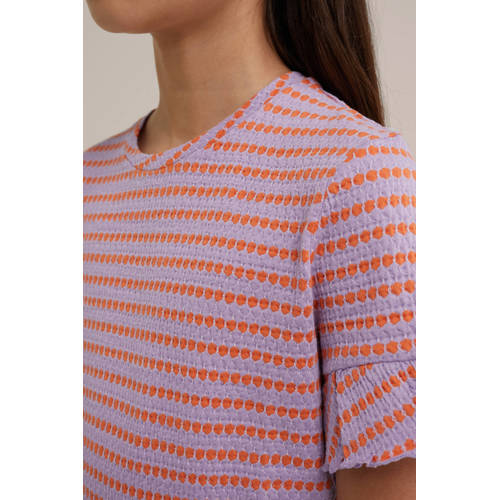 WE Fashion jurk met all over print en ruches lila oranje Paars Meisjes Katoen Ronde hals 92