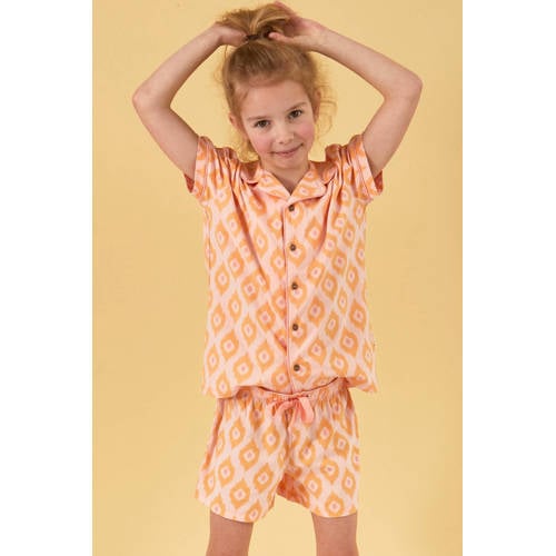 Little Label shortama met all over print oranje Meisjes Stretchkatoen Klassieke kraag