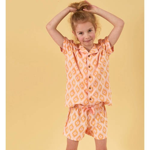 Little Label shortama met all over print oranje Meisjes Stretchkatoen Klassieke kraag 110 116
