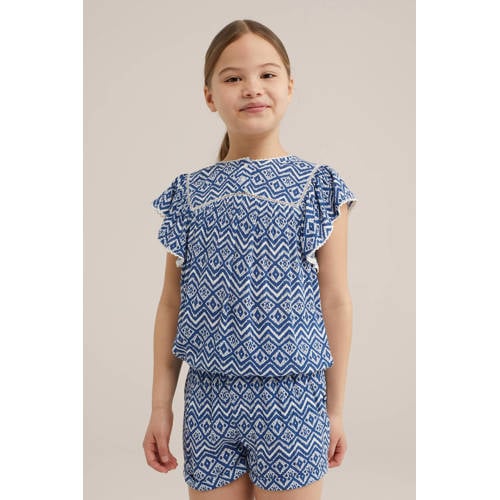 WE Fashion top met all over print blauw wit Meisjes Viscose Ronde hals 92