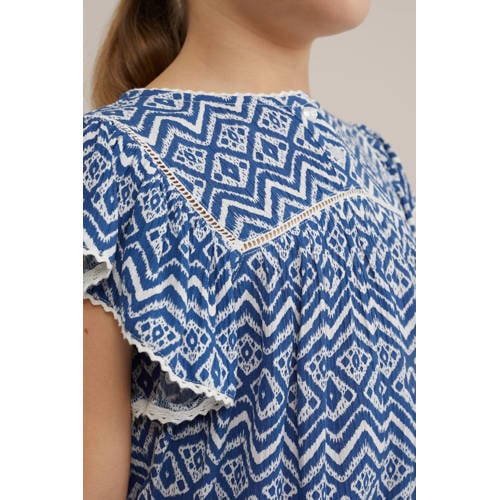 WE Fashion top met all over print blauw wit Meisjes Viscose Ronde hals 92