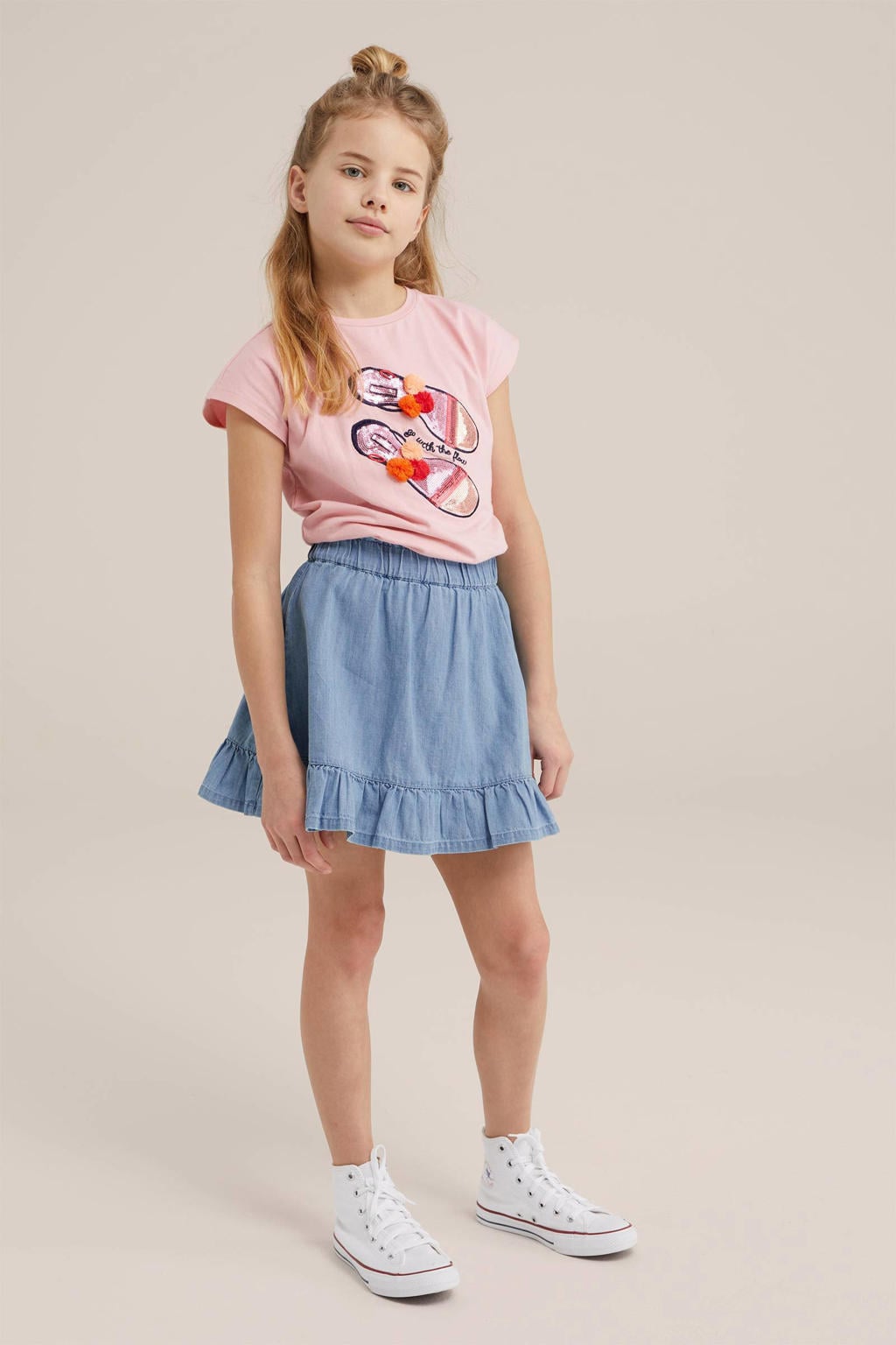 Roze meisjes WE Fashion T-shirt van stretchkatoen met printopdruk, korte mouwen en ronde hals