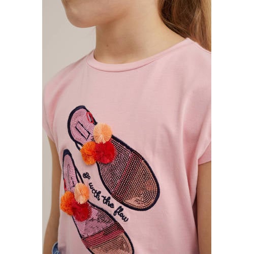 WE Fashion T-shirt met printopdruk roze Meisjes Stretchkatoen Ronde hals 92