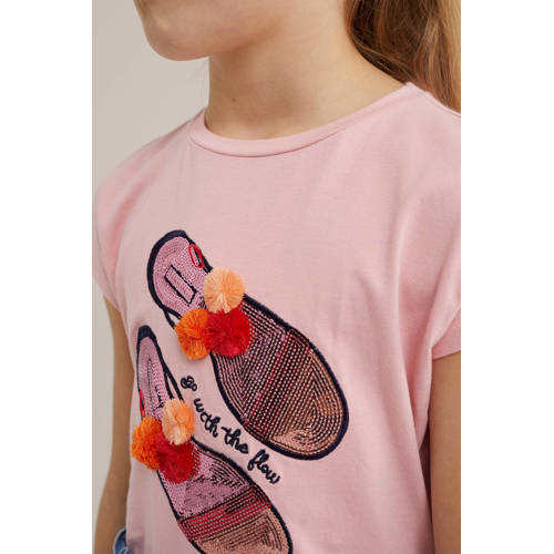 WE Fashion T-shirt met printopdruk roze Meisjes Stretchkatoen Ronde hals 92