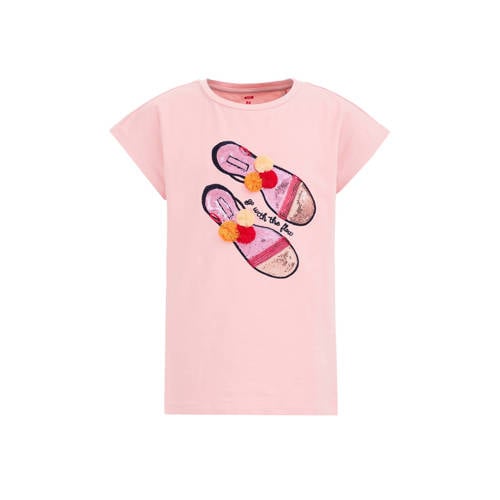 WE Fashion T-shirt met printopdruk roze Meisjes Stretchkatoen Ronde hals