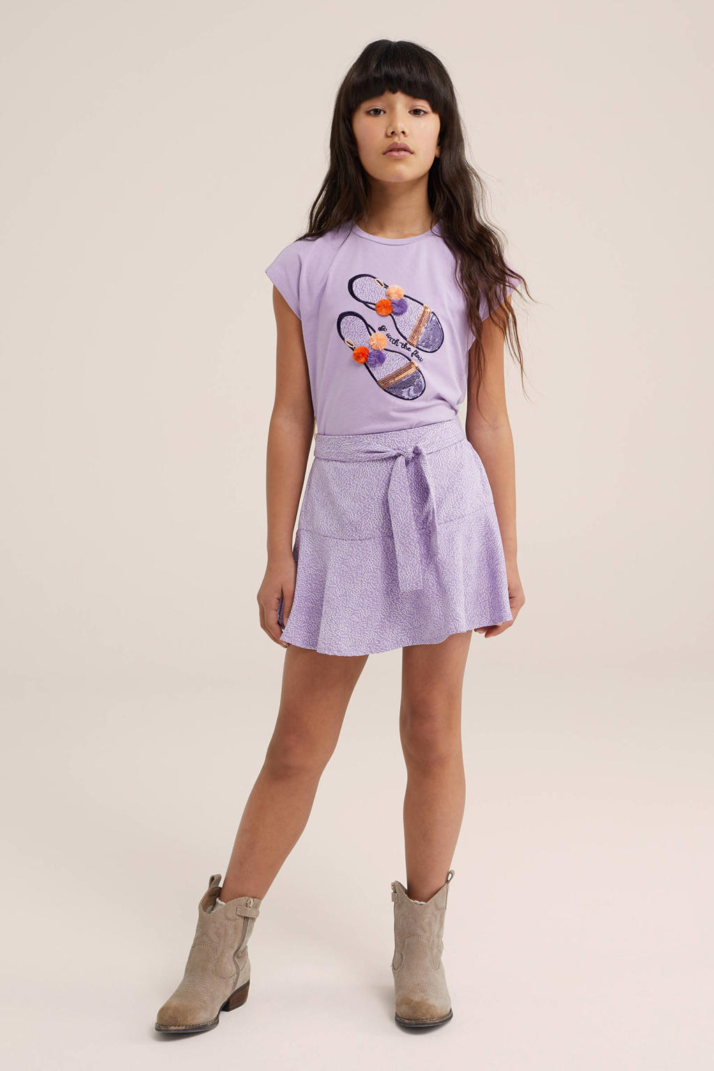 Paarse meisjes WE Fashion T-shirt van stretchkatoen met printopdruk, korte mouwen en ronde hals