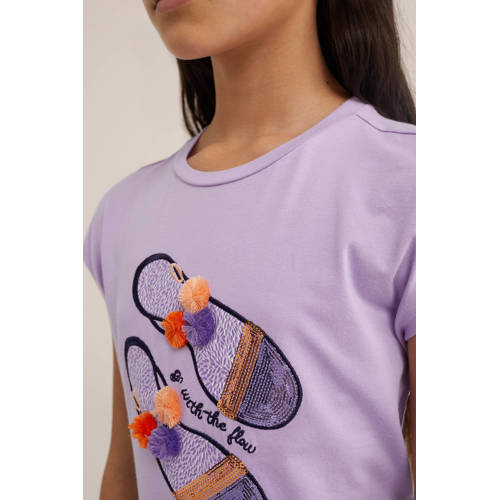 WE Fashion T-shirt met printopdruk paars Meisjes Stretchkatoen Ronde hals 98 104