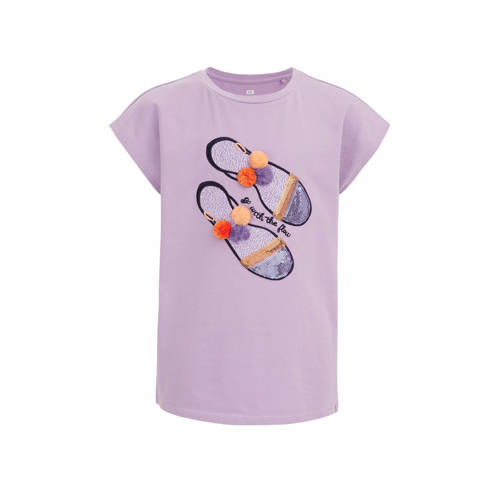 WE Fashion T-shirt met printopdruk paars Meisjes Stretchkatoen Ronde hals