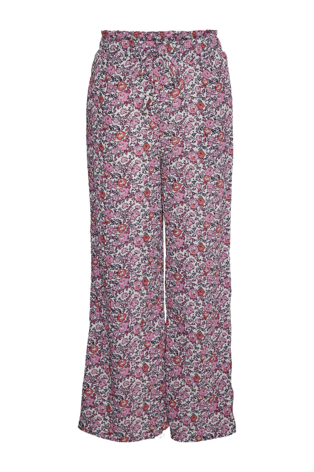 Roze, oranje en witte meisjes VERO MODA GIRL gebloemde wide leg broek van polyester met regular waist en elastische tailleband