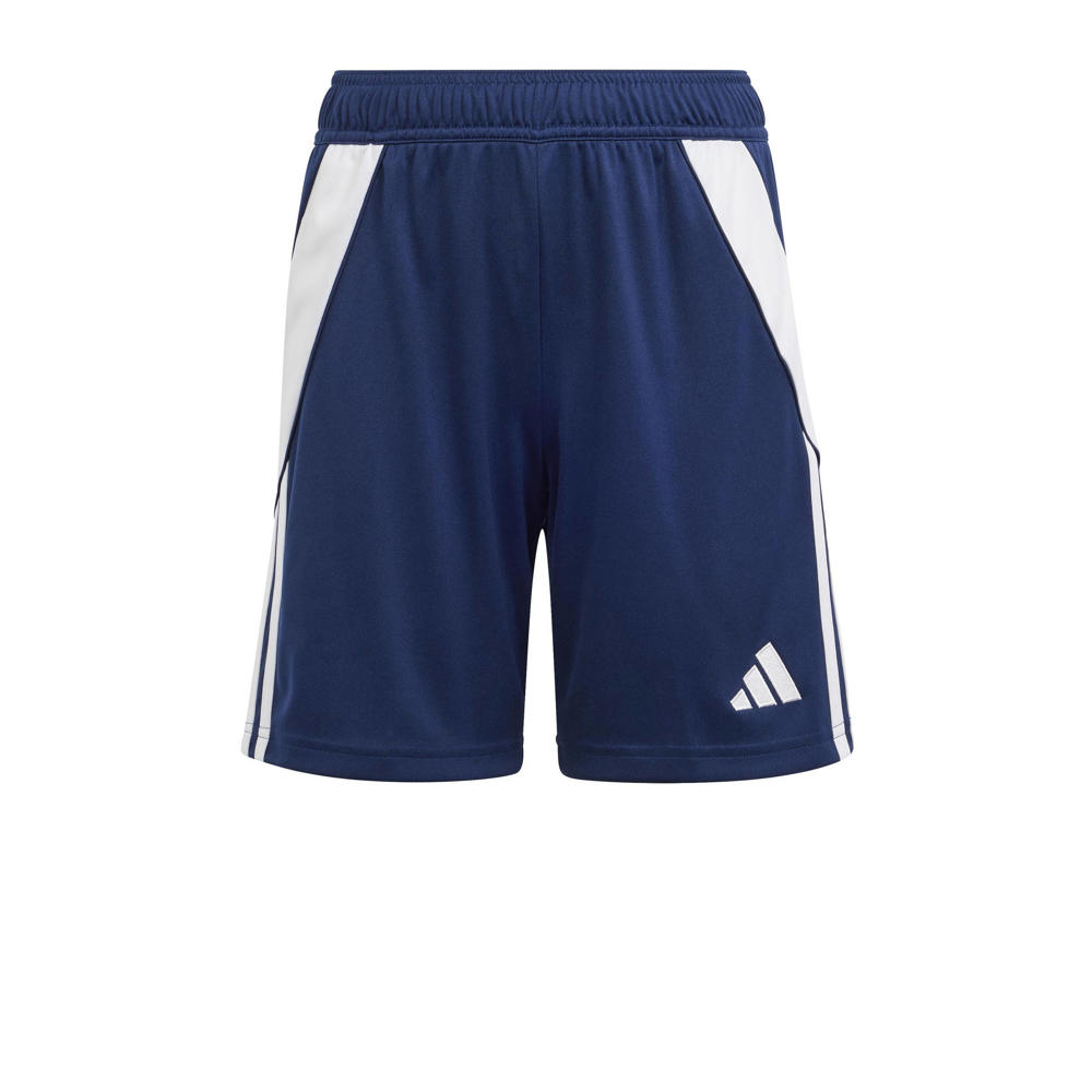 Donkerblauw en witte jongens en meisjes adidas Performance Junior voetbalshort van polyester met elastische tailleband met koord