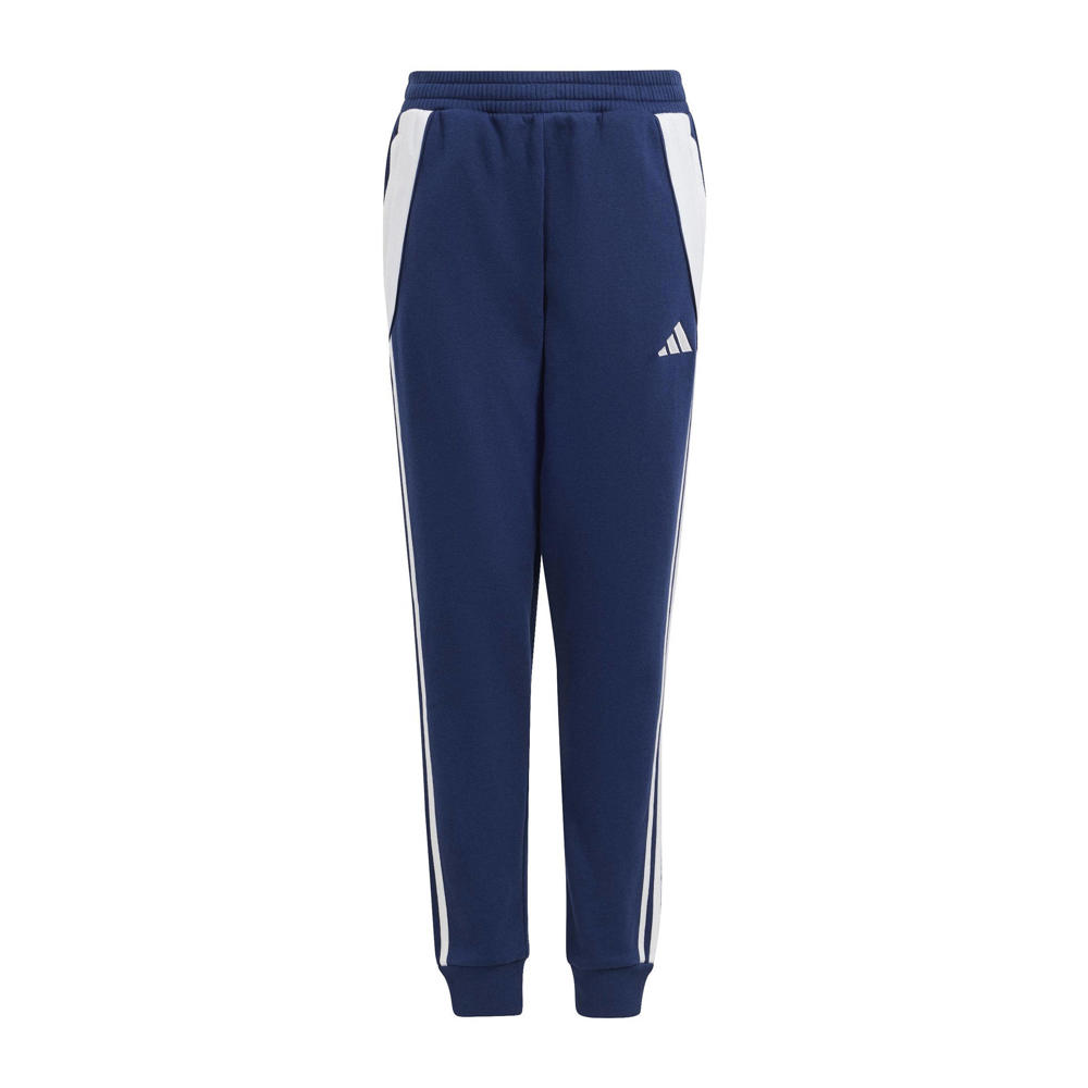 Donkerblauw en witte jongens en meisjes adidas Performance Junior voertbalbroek van katoen met elastische tailleband met koord