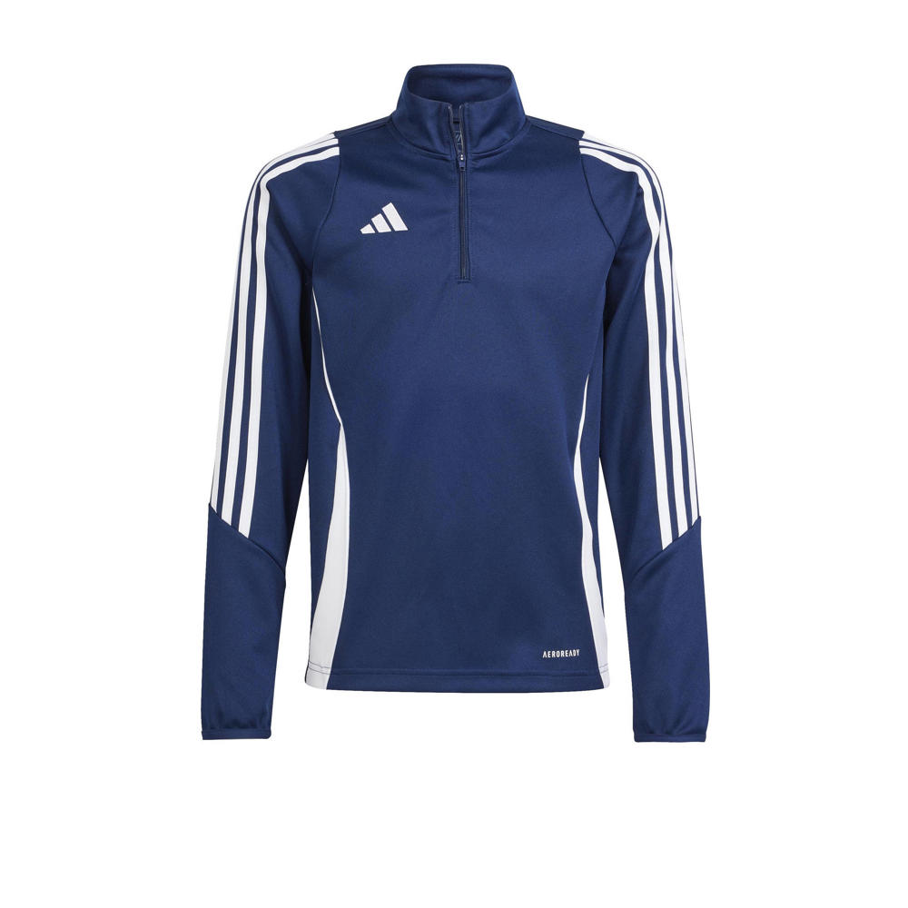 Donkerblauw en witte jongens en meisjes adidas Performance Junior voetbalsweater van polyester met lange mouwen en opstaande kraag