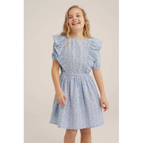 WE Fashion jurk met all over print en ruches lichtblauw Meisjes Katoen Ronde hals 92