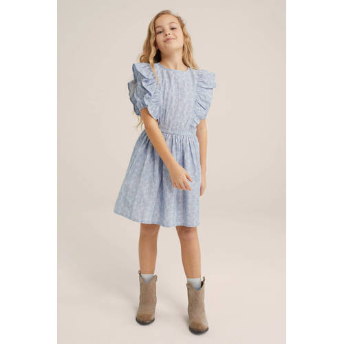 WE Fashion jurk met all over print en ruches lichtblauw Meisjes Katoen Ronde hals 92