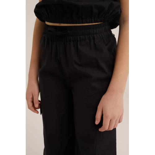 WE Fashion Blue Ridge wide leg cargobroek zwart Meisjes Katoen Effen 128
