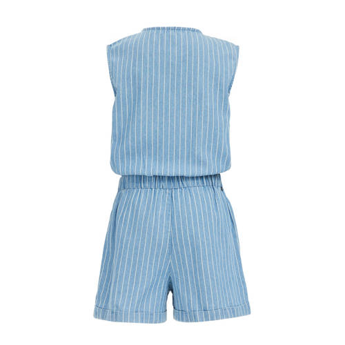 WE Fashion gestreepte playsuit light blue denim Blauw Meisjes Katoen Ronde hals 110 116