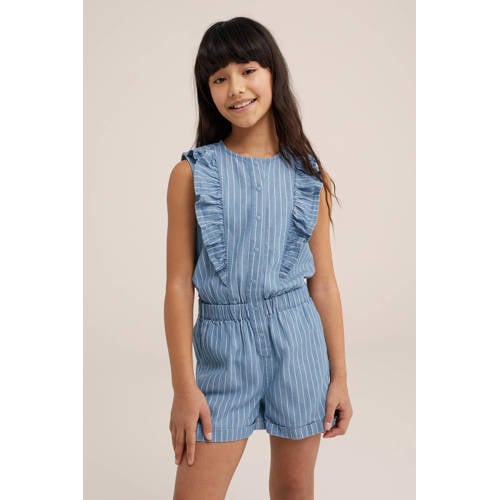 WE Fashion gestreepte playsuit light blue denim Blauw Meisjes Katoen Ronde hals 92