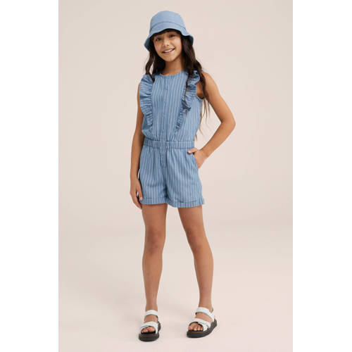 WE Fashion gestreepte playsuit light blue denim Blauw Meisjes Katoen Ronde hals 92