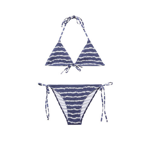 Mango Kids gesmockte triangel bikini blauw/wit Meisjes Polyester Streep - 168(M)