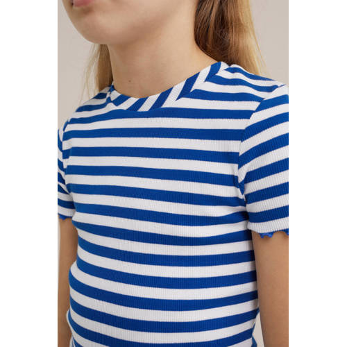 WE Fashion gestreept T-shirt blauw Meisjes Stretchkatoen Ronde hals Streep 92