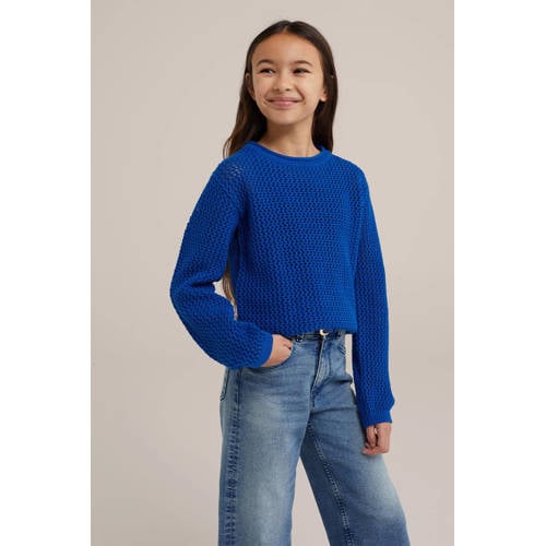 WE Fashion trui blauw Meisjes Katoen Ronde hals Effen 98 104
