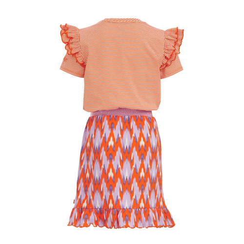 WE Fashion jurk met all over print en ruches oranje paars lila Meisjes Katoen Ronde hals 146 152