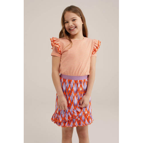 WE Fashion jurk met all over print en ruches oranje paars lila Meisjes Katoen Ronde hals 146 152