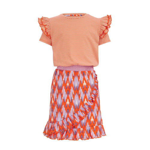 WE Fashion jurk met all over print en ruches oranje/paars/lila Meisjes Katoen Ronde hals
