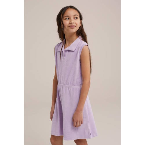 WE Fashion jurk lila Paars Meisjes Badstof V-hals Effen 134 140