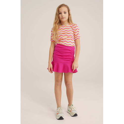 WE Fashion gestreept T-shirt roze Meisjes Stretchkatoen Ronde hals Streep 110 116