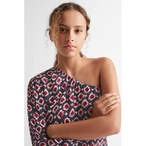 Mango Kids jurk met all over print roze paars Meisjes Katoen One shoulder 152(XXS)