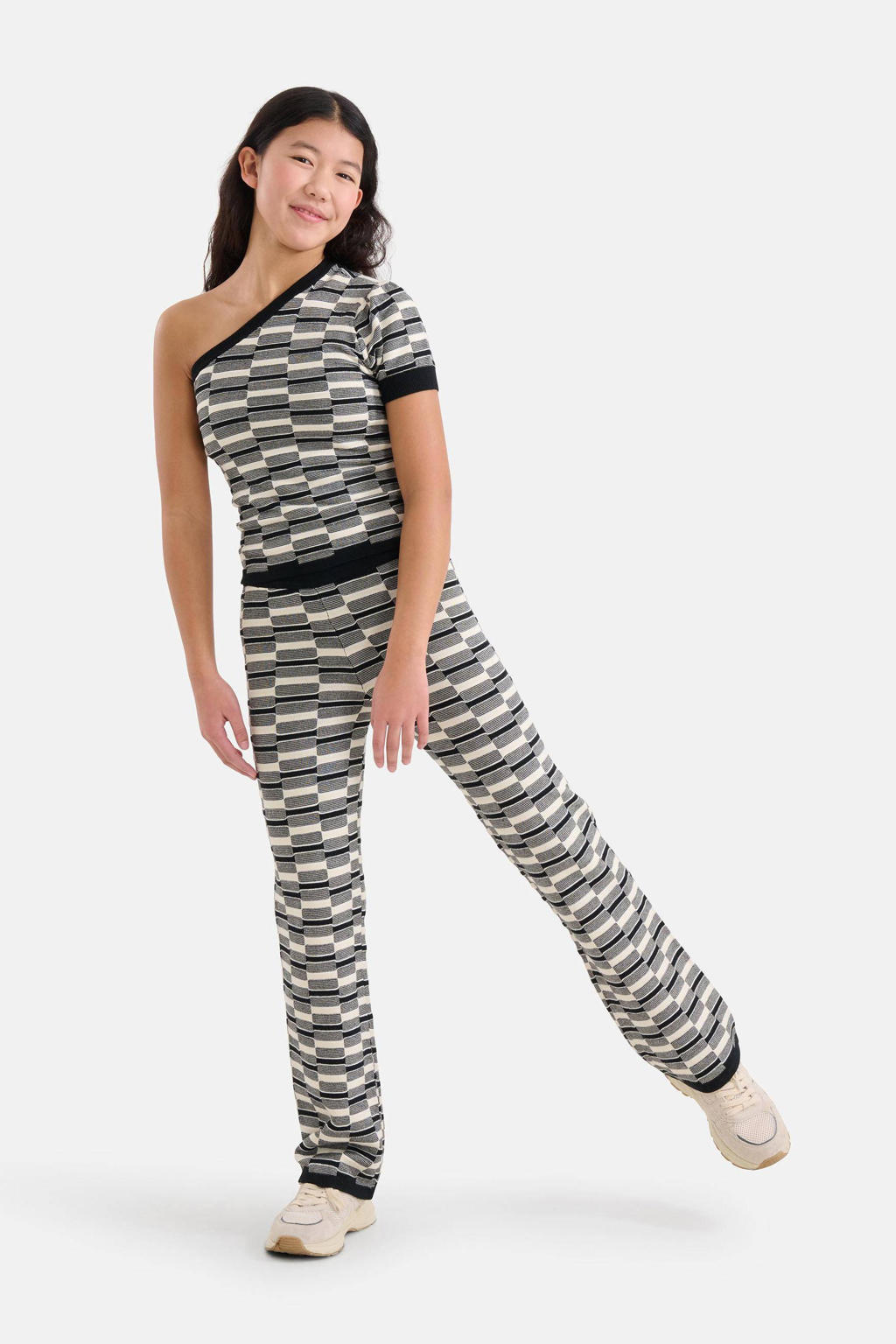 Zwarte meisjes Shoeby regular fit broek offwhite van viscose met elastische tailleband