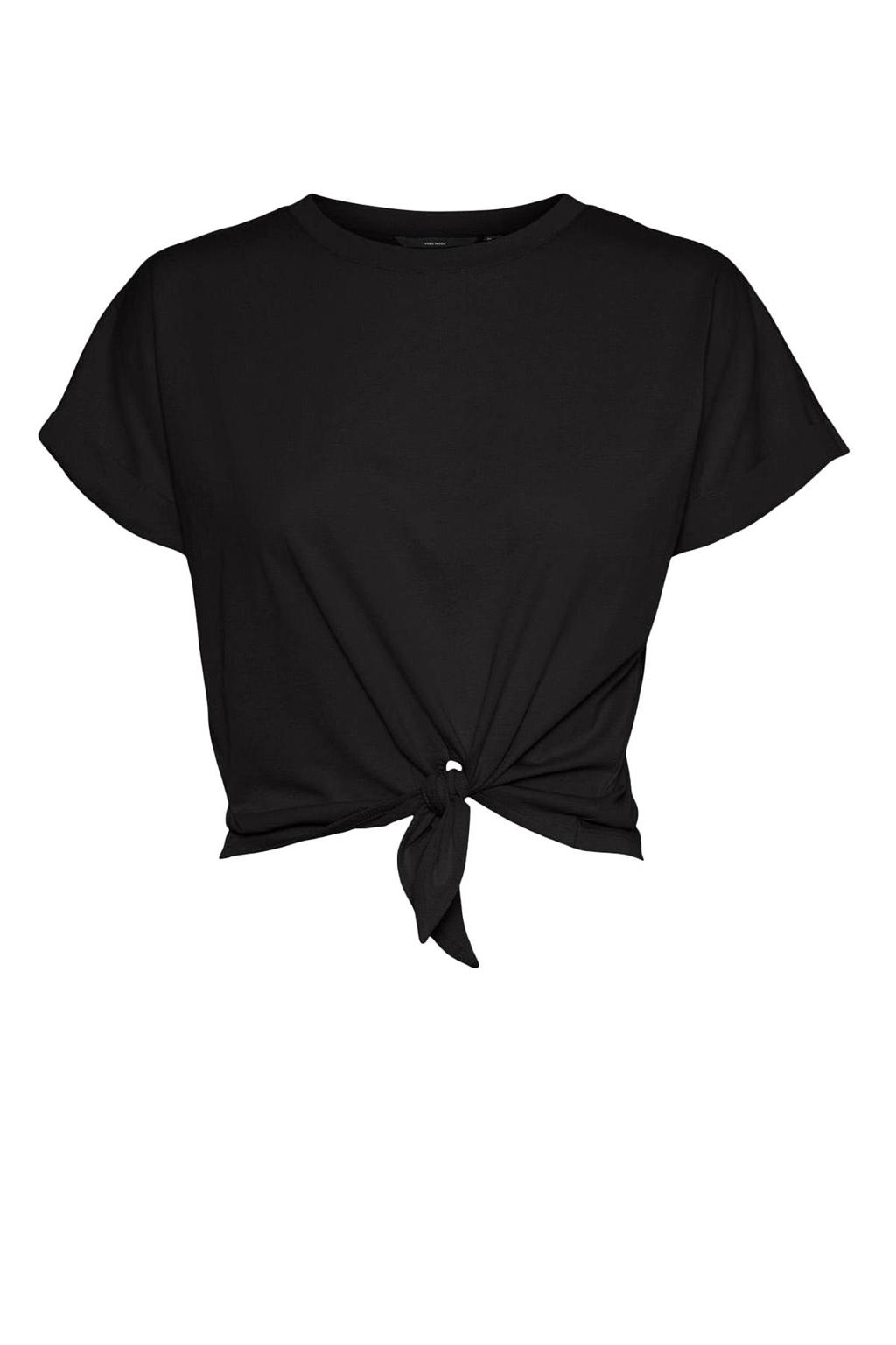 Zwarte dames VERO MODA MATERNITY zwangerschapsshirt van katoen met effen, korte mouwen, ronde hals, striksluiting en knoopdetail
